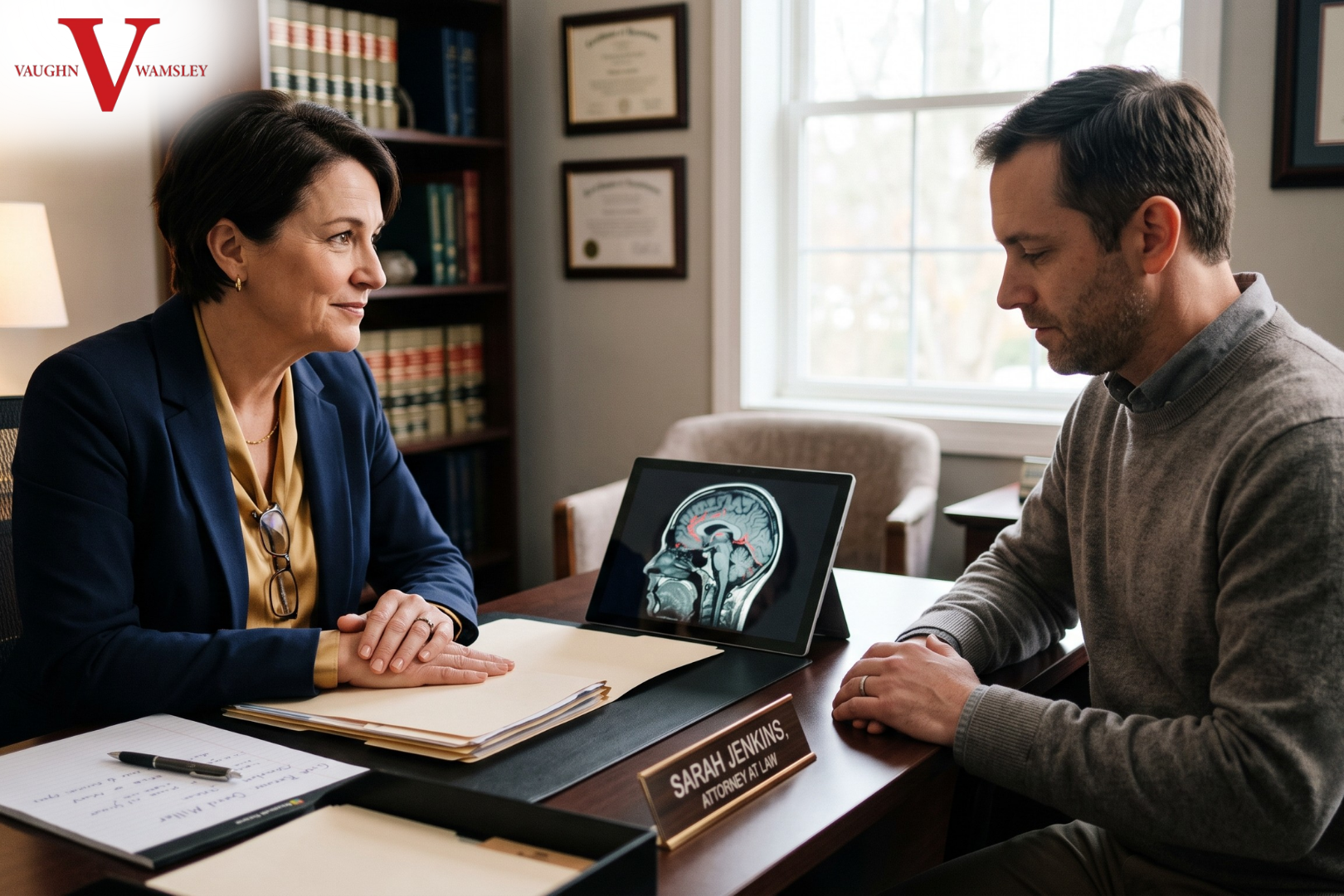 Attorney consulting with a client and reviewing a brain scan image during a meeting — Indianapolis brain injury lawyer